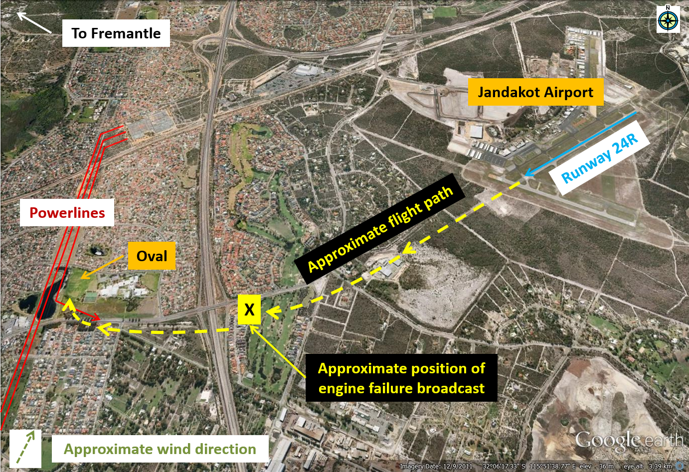 Figure 1: Approximate flight path and forced landing area